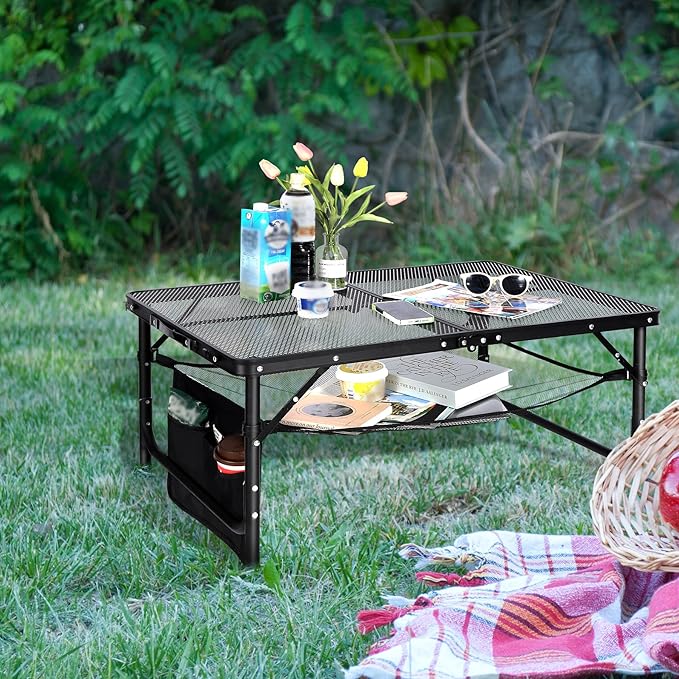 REDCAMP 36x24 Folding Grill Table for Outside, Lightweight Portable Metal Aluminum Outdoor Grill Table with Adjustable Height Legs, Great for Camping Picnic Cooking BBQ, Black 3ft
