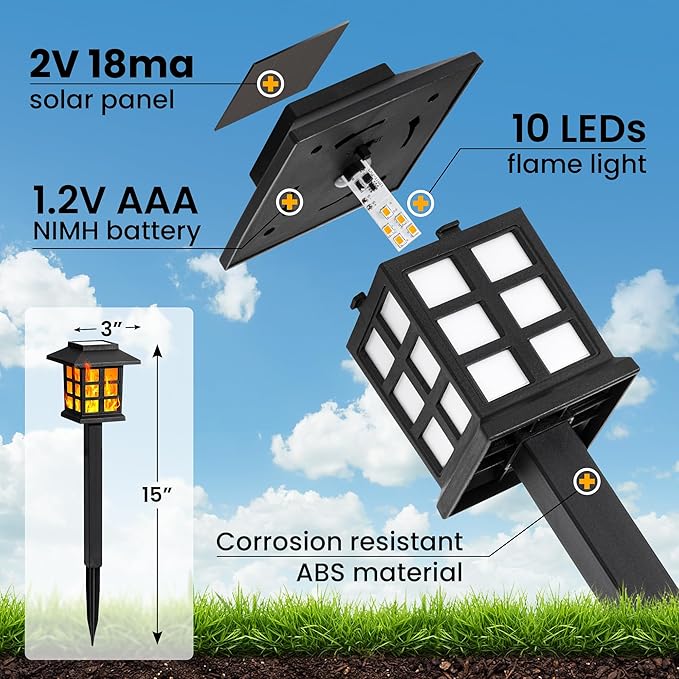 GIGALUMI Solar Lights for Outside,6 Pack Flickering Flame LED Solar Outdoor Lights, Waterproof Solar Garden Lights Maintain 10 Hours of Lighting for Christmas, Garden, Landscape, Path, Yard, Patio