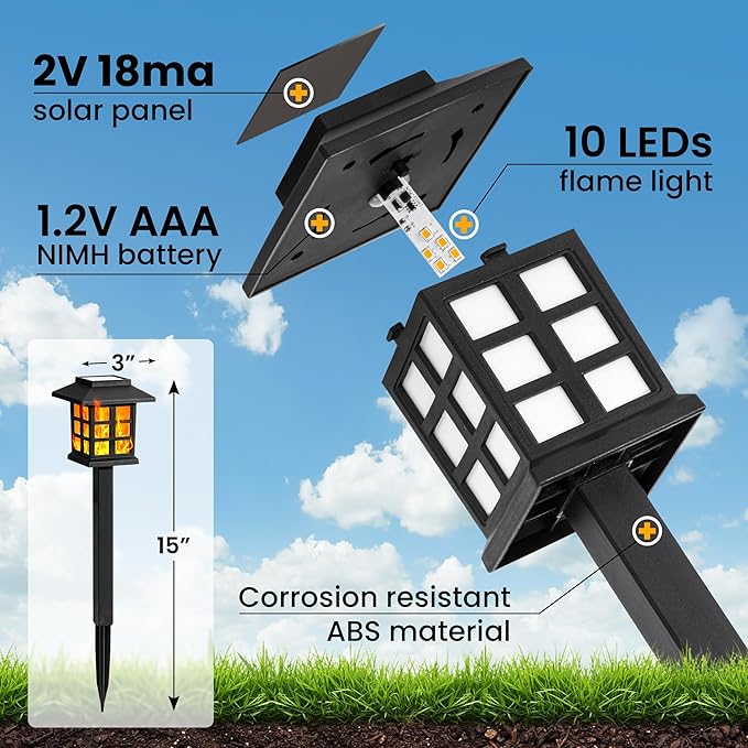 GIGALUMI Solar Lights for Outside,10 Pack Flickering Flame LED Solar Outdoor Lights, Waterproof Solar Garden Lights Maintain 10 Hours of Lighting for Christmas, Garden, Landscape, Path, Yard, Patio