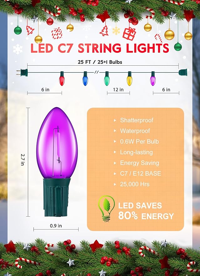 Multicolor C7 LED Christmas String Lights, 25FT C7 Vintage Christmas Lights with 26 Bulbs(1 Spare), Commercial Connectable Christmas Tree Lights for Xmas Holiday Roofline Garden Wedding Decor