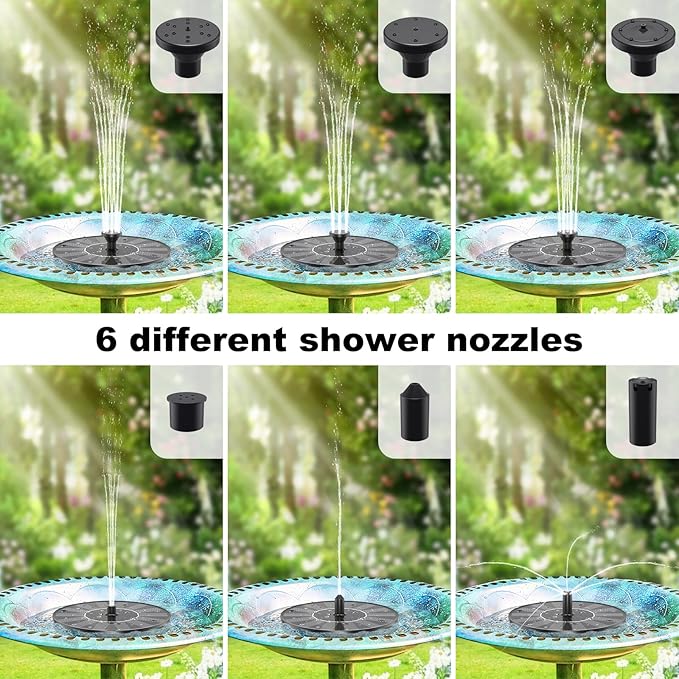 Solar Fountains,Solar Water Fountain,Solar Powered Bird Bath Fountain with 6 Nozzles - Free Standing Floating Solar Water Fountain for Bird Bath, Garden, Pond, Pool (Black-1.4W)