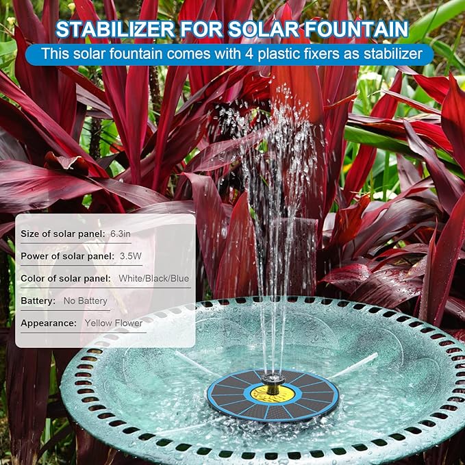 Solar Fountain for Bird Bath, 3.5W Upgraded Solar Bird Bath Fountain with 4 Fixed Pipes 7 Nozzles No Battery, Solar Fountain Pump for Bird Bath Small Ponds Pool Outdoor(Blue)