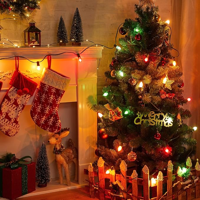 50FT C7 Multicolor Christmas Lights, C7 Vintage Christmas String Lights with 50+2 Plastic Bulbs(2 Spare), Weatherproof Hanging Christmas Lights for Holidays Christmas Tree House Party Patio Decor