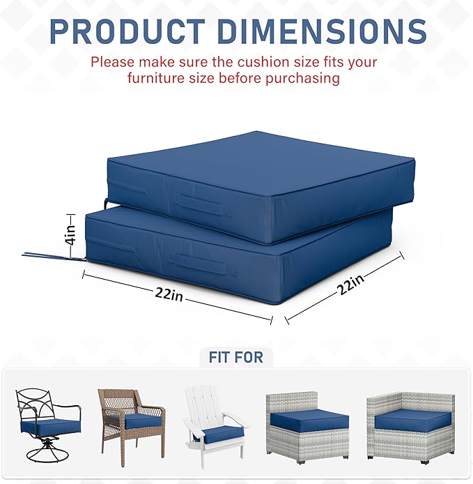 Patio Chair Cushions 22 X 22 X 4 Inch Waterproof Outdoor Seat Cushions for Patio Furniture, Outdoor Sofa Couch Pads with Ties & Handle, Set of 2, Blue