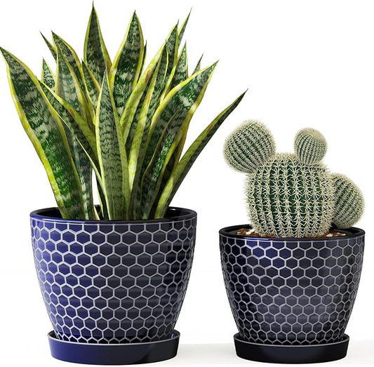 Docrin Ceramic Plant Pots Indoor, 6.6 + 5.5 Inch Planters with Drainage Holes and Saucer for Home/Office - Set of 2 /Blue Honeycomb