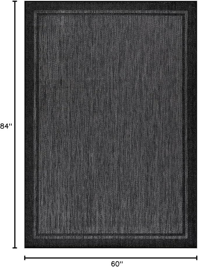 CAMILSON Indoor Outdoor Rug, 5x7 Bordered Dark Grey Black Modern Area Rugs for Indoor and Outdoor Patios, Kitchen and Hallway Mats, Washable Porch Deck Outside Carpet (Bordered Black, 5 x 7)