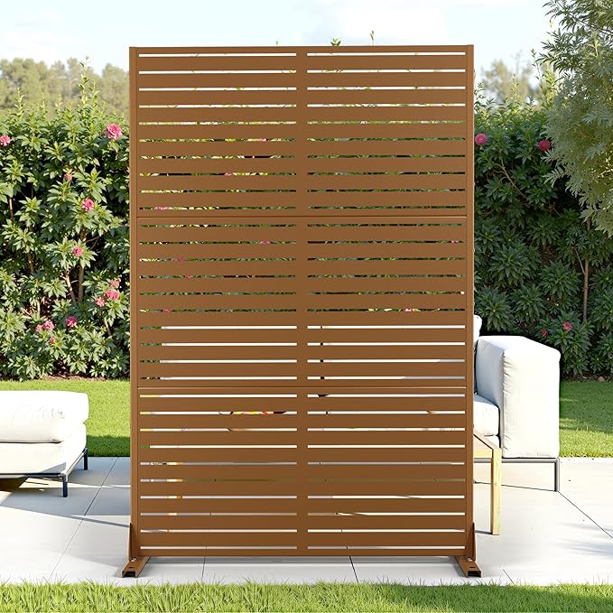 FENCY Outdoor Privacy Screen, 72" H×47" W Metal Privacy Screen, Outdoor Freestanding Privacy Screen & Panels for Deck Patio Balcony(Brown-Louvered)