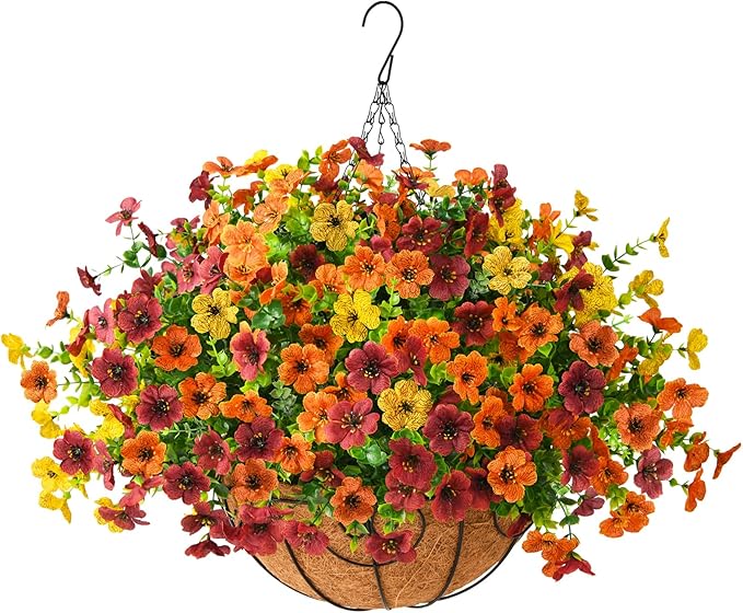 Artificial Fake Hanging Plants Flowers Basket, Faux Silk Daisy in Planter Realistic UV Resistant for Outside Home Patio Balcony Yard Spring Outdoor Decoration (Orange Brown Yellow)