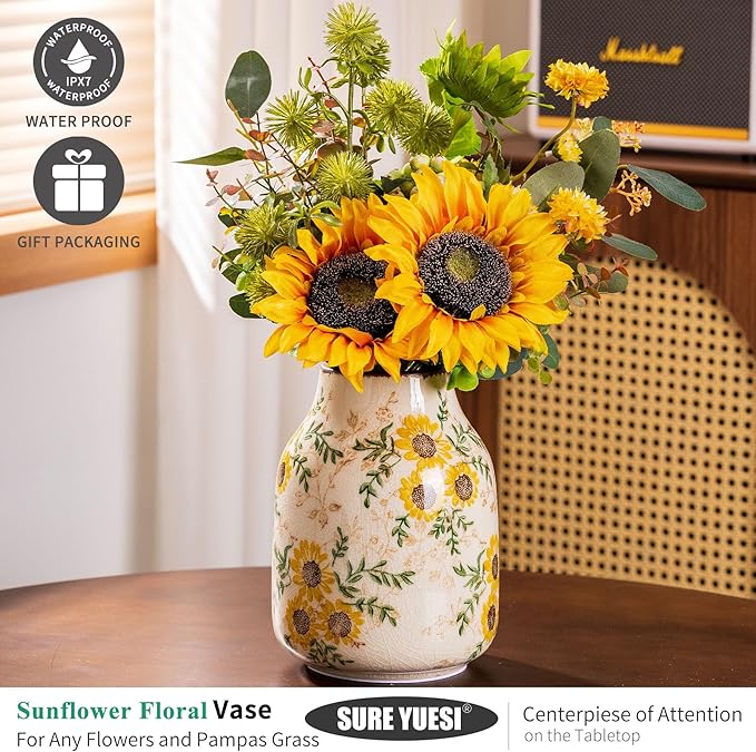 Sunflower Vintage Ceramic Yellow Floral Vase, Beige and Green Chinoiserie Home Decor for Fireplace Mantle, Table Centerpieces, Kitchen Counter, Tuscan, Cute Flower Vase for Living Room Office 7.8 Inch