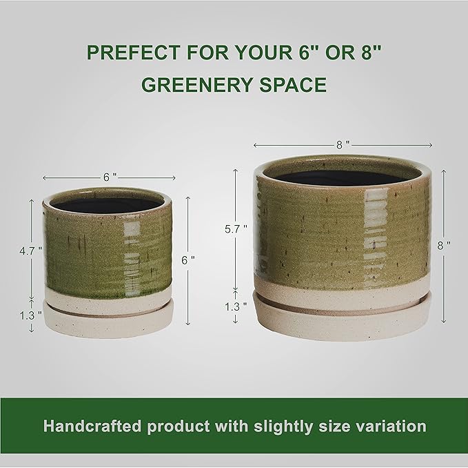 6 + 8 Inch Plant Pots, Ceramic Planter Pot with Drainage Hole & Saucer, Indoor/Outdoor Cylinder Round Planter Pot, Green