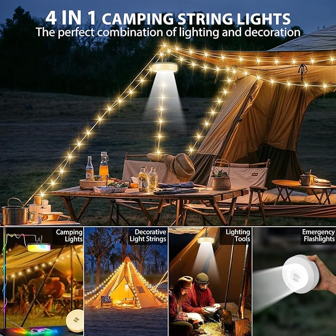 Camping String Lights, 4 in 1 Quick Storage 32.8FT Rechargeable Tent Lights with 9 Modes Hanging Waterproof Camp Lamp Camping Essentials for AwnTent Hiking Garden Bedroom Festival(Warm +RGB)-2Pack