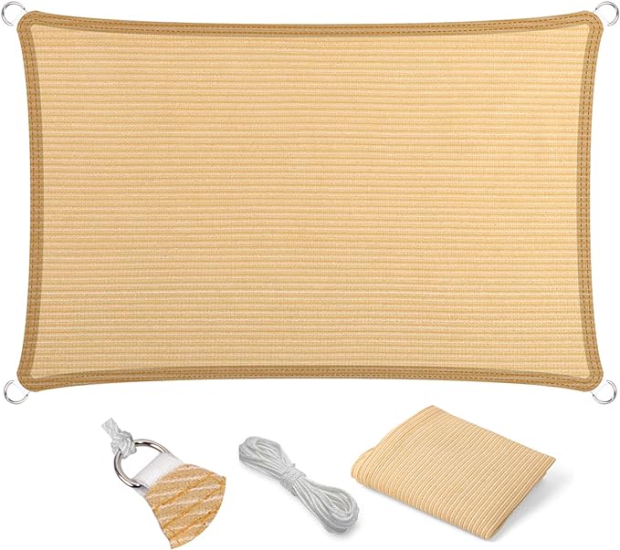 Eden's Decor Straight Flat-Edged Sun Shade Sail Rectangular 12' x 21' Beige UV-Blocking Outdoor Canopy Fabric Cloth Awning for Pergola Patio Garden Backyard Custom Size