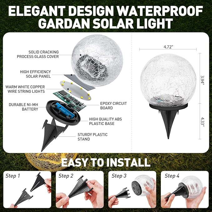 Garden Solar Lights Cracked Glass Ball Waterproof LED for Outdoor Decor Decorations Pathway Patio Yard Lawn, Warm White 2 Globe (4.7”)
