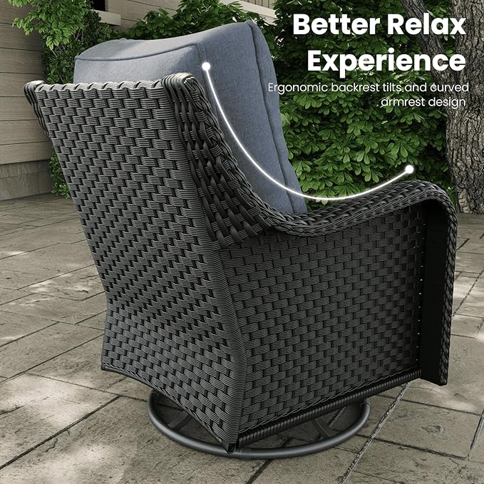 9 Pieces Outdoor Patio Furniture Sets with Rocking Swivel Chairs with 6-inch Thick Cushion and Side Table for Deck Lawn