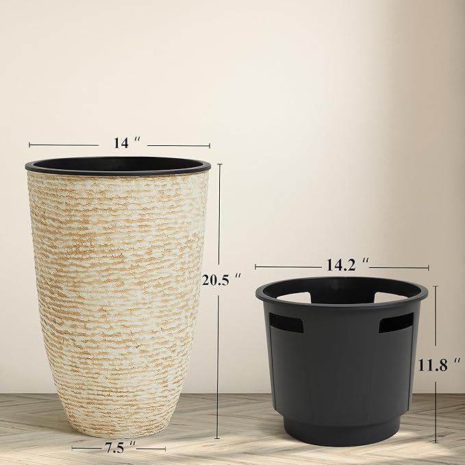 WORTH Garden 2-Pack 21" H. Beige Tall Planters with Inside Pots - 14'' Dia Plastic Large Round Plant Tree Pots - Decorative Imitation Stone Finish for Indoor Outdoor Front Porch Container Patio