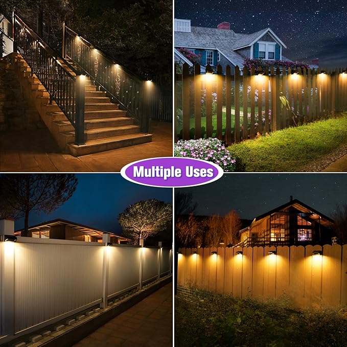 Aulanto Solar Fence Lights 4 Pack, Fence Solar Lights IP65 Waterproof Outdoor Lights,Warm White and 10 RGB Color Glow Modes, Solar Lights Outdoor Decor for Backyard,Garden,Fence,Wall,Deck,Stairs.