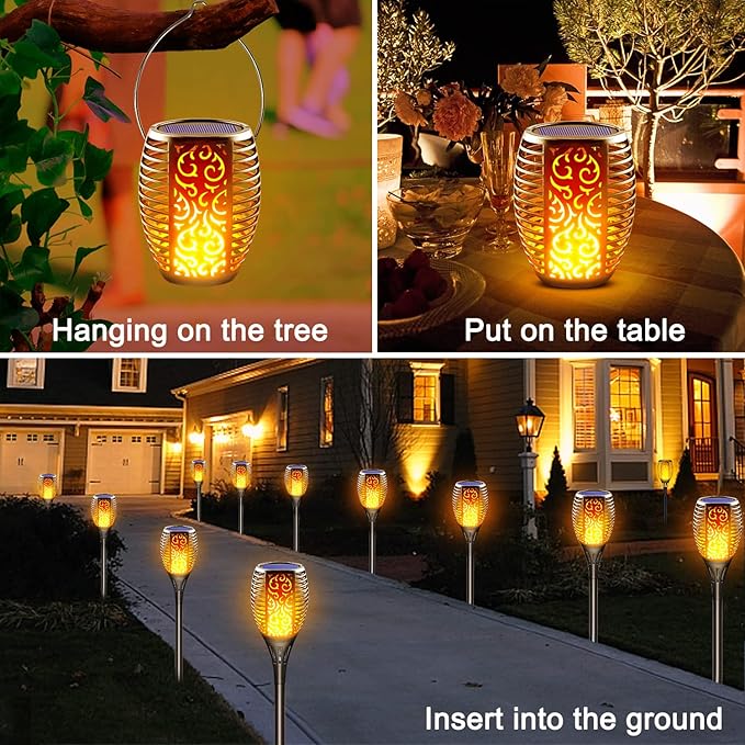 Solar Torch Lights 8 Pack - Outdoor Waterproof Solar Tiki Torches with Realistic Flickering Flame, 3-in-1 Hanging Lanterns, Fire Effect Landscape Decoration for Garden, Pathway, Yard & Patio