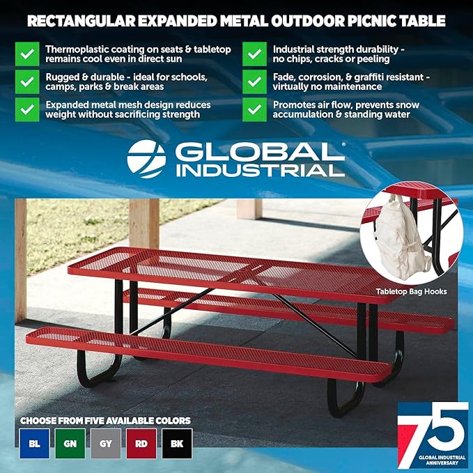 Global Industrial 6’L Rectangular Picnic Table, Expanded Metal, Blue Thermoplastic Coating, Attached Benches, 1-1/2” Umbrella Pole Hole, Outdoor-Rated, 1000 lb Capacity, 72” x 30” Tabletop