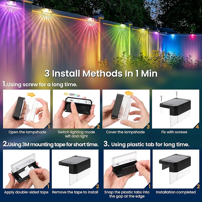 SOLPEX Solar Fence Lights Outdoor,Solar Deck Lights Waterproof Led Solar Lights for Outdoor Stairs,Step,Patio,Yard,Garden,Balcony and Porch,8 Pack Shell-Like Light Spots(Black Shell,Warm White&RGB)