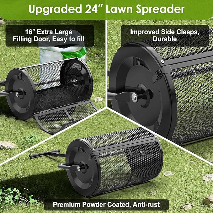 Seeutek Compost Spreader, 24" Peat Moss Spreader with 3 Heights, Top Soil Spreader W/Upgraded Side Latches Support Rod Powder Coated Metal Mesh Top Dressing Spreader for Lawn, 2 Way Uses-Push or Tow