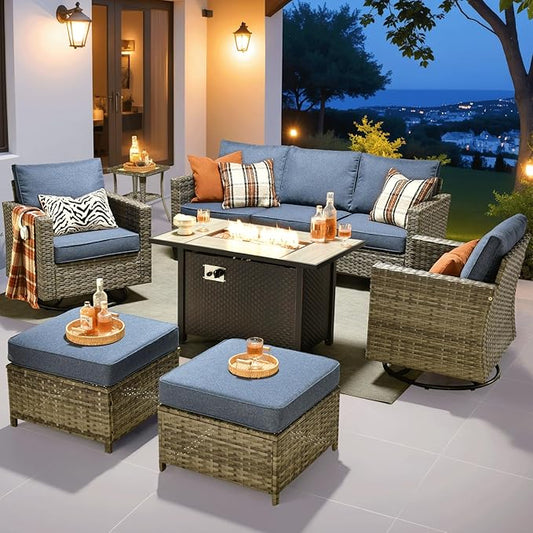 ovios 7 Pieces Patio Furniture Set with 42" Fire Pit Table, Outdoor Wicker Sofa with Swivel Chairs, All Weather High Back Rattan Couch Conversation Set, Denim Blue