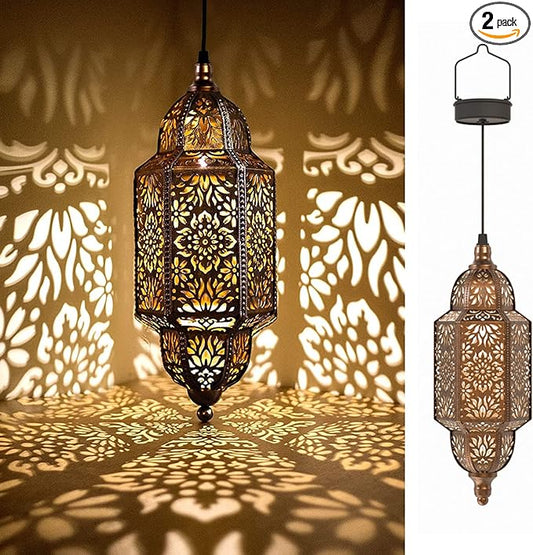Twinkya 2 Pack Hanging Solar Lights Outdoor Garden Decorative Solar Lantern Waterproof Metal Moroccan Outdoor Decorations for Patio Pathway Yard Porch Backyard Garden Decor (Gold, 2 Pack)