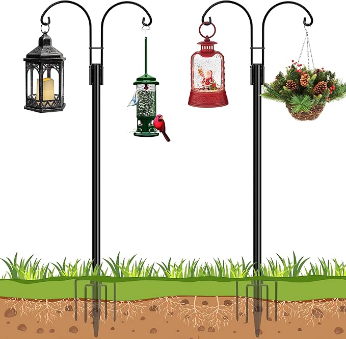 Ottsuls Bird Feeder Pole, 2 Pack 60 INCH Double Shepherds Hooks for Outdoor, Garden Pole with 5 Base Prongs Heavy Duty Planter Hooks for Hanging Plant Baskets, Lantern, Hummingbird Feeder