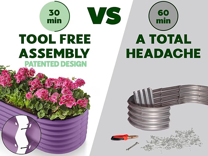 9-in-1 Galvanized Steel Raised Garden Bed // 8×2×1.5 ft Modular Planter for Gardening, Vegetables, Flowers // 18" Tall Metal Raised Garden Beds Outdoor (Purple) // Patented Design Planter Box