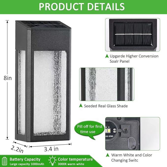Solar Outdoor Lights, Metal Seeded Glass Auto On/Off Waterproof Solar Wall Warm/Color Changing Solar Lights for Wall Fence Patio Yard Porch Garden Decor,4 Pack
