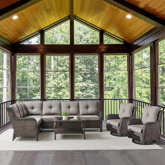 Outdoor Furniture Sectional Sofa L Shaped Couch - Patio Wicker Set with 2 Swivel Glider Chairs, 5 Piece Rattan Patio Conversation Sets with Gray Cushion for Deck Backyard Sunroom