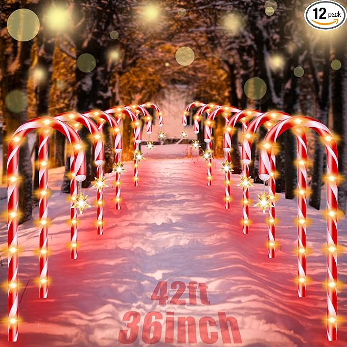 36" Outdoor Christmas Decorations, Real 30" Red Candy Cane Lights Outdoor Pathway 8 Flashing Modes, 12 Pack Christmas Candy Cane Lights, Christmas Decorations Outdoor Yard, Warm Lights with Star