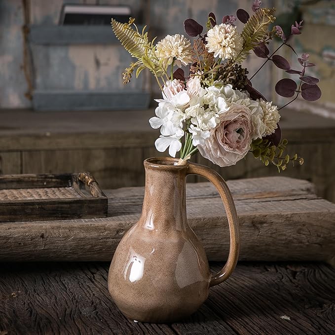 Brown Ceramic Vase with Big Handles, Modern Farmhouse Decor, Rustic Pottery for Flowers, Decorative Terracotta Centerpiece for Dining Table