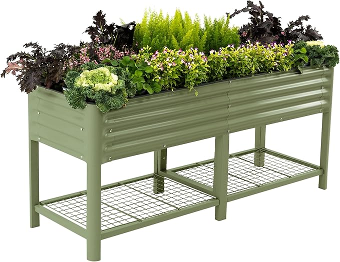 Elevated Raised Garden Bed-V Series, 2' x 6' Garden Beds with Legs & Storage Rack for Patio Porch, 1000 Lbs Weight Capacity, Outdoor Planter Boxes for Gardening Herbs Vegetables Flowers, Olive Green