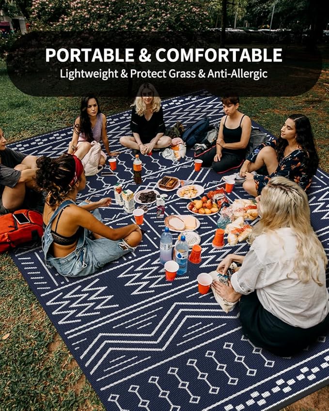 Outdoor Rug Carpet Waterproof 5x8 ft Patio Rug Mat Indoor Outdoor Area Rug for RV Camping Picnic Reversible Lightweight Plastic Straw Outside Rug for Patio Decor Decoration Boho Rug Navy Blue White