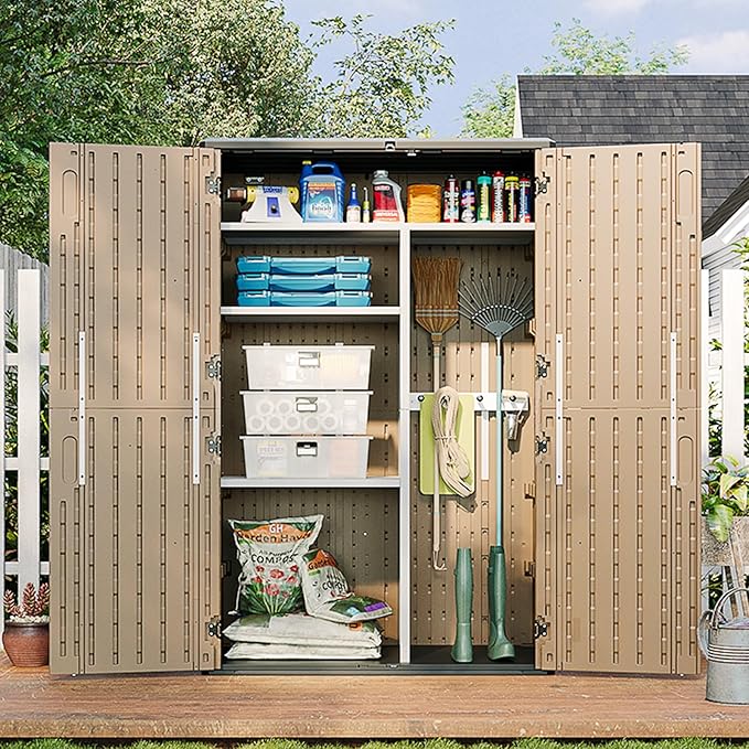 Aoxun Outdoor Storage Shed, 64 Cu.Ft Vertical Storage Sheds Outdoor with Floor, Outdoor Waterproof Storage Cabinet for Garage Storage, Pool Storage, Bike Shed, Garden Shed (Brown)
