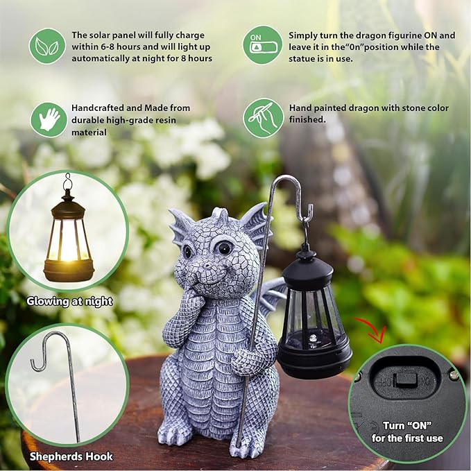 Garden Decor Solar Statues for Mom Grandma Birthdays for Women Sister Wife Lady - Front Patio Balcony Yard Art Lawn Ornaments Porch Outdoor Outside Decorations (Dragon)