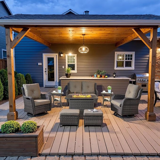 8 Piece Outdoor Patio Furniture Set - 41" CSA Propane Fire Pit Table Patio Conversation Set with Swivel Rocker Outdoor Chairs, Wicker loveseat and Ottoman for Outside Casual Gathering