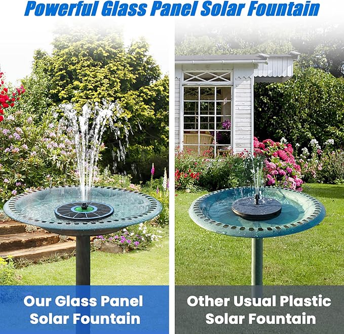 Solar Fountain Full Glass Panel No Battery, 3.5W Solar Bird Bath Fountains with 4 Fixed Rods & 7 Nozzles, Solar Fountain Pump for Bird Bath, Garden, Pond, Pool, Patio,Hummingbird