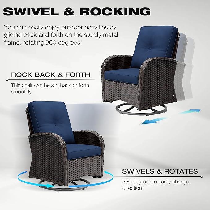 Joyside 6 Piece Patio Furniture Set, Outdoor Wicker Conversation Sets with Swivel Rocker Chairs and Sofa, Thick Cushion, Rattan Patio Sectional for Porch, Deck Use (Brown/Blue, 6 PCS)