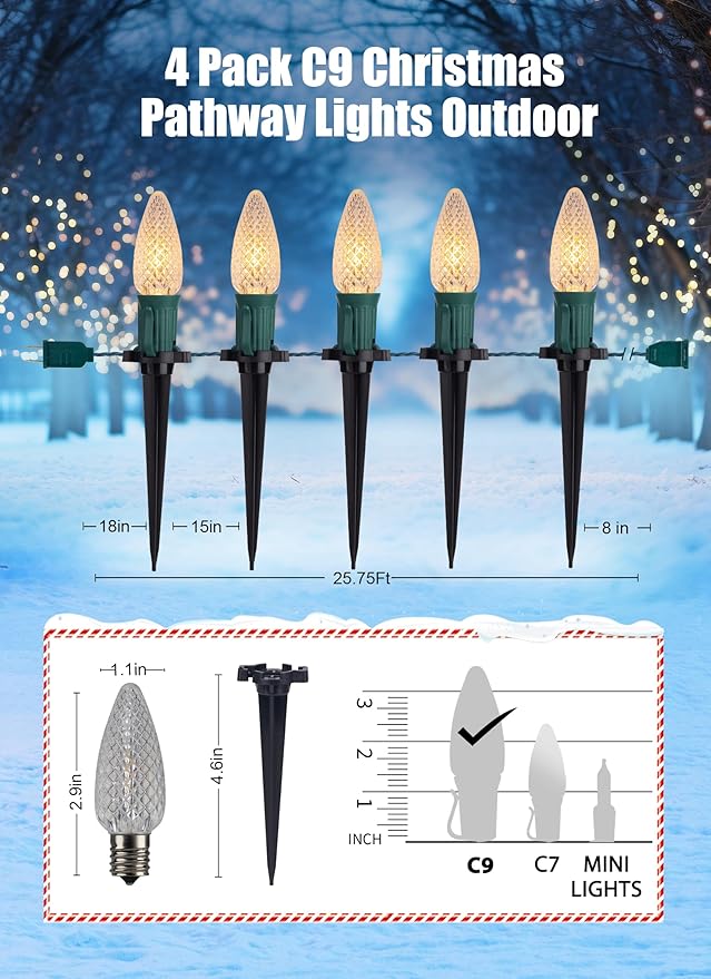 C9 Christmas Pathway Lights Outdoor, 25.7 Feet 20 LED C9 Strawberry Walkway Lights with Marker Stakes, Connectable Shatterproof C9 String Lights for Lane Outside Yard Decorations, Warm White, 4 Pack