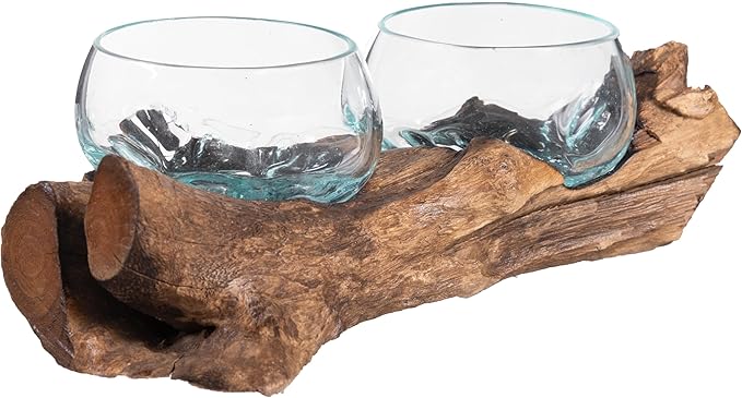 Cape Craftsmen Set of 2 Terrariums | Hand-Blown Blue Tinted Bubble Glass On Natural Teak Driftwood Terrarium | Home Décor Indoor Planter with Stand | Pot for Succulent and Plants