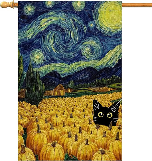 BLKWHT Fall Pumpkin Cat House Flag 28x40 Vertical Double Sided Blue Sky Autumn Thanksgiving Holiday Outside Decorations Burlap Yard Flag BW825-40