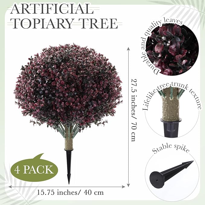Yunlly 4 Pack 18" Artificial Boxwood Ball Bush Topiary Trees Fake Outdoor Plants, Realistic UV Resistance Faux Shrubs with Spike Greenery Topiary for Front Porch Garden Yard Patio Indoor (Dark Purple)