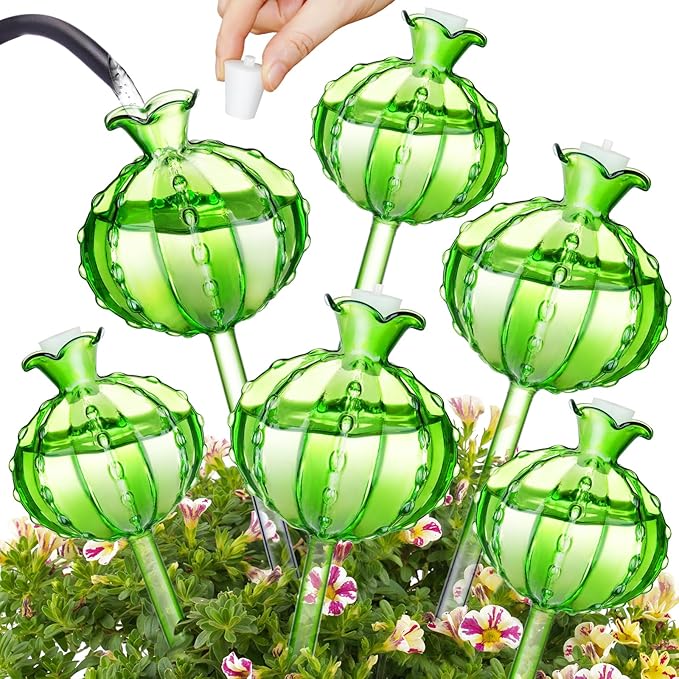 NiHome Cactus-Shaped Glass Plant Self-Watering Globes 6-Pack, Glass Waterer Stakes for Potted Plants, Automatic Mini Irrigation System, Adorable Gardening Tool (Green, 3 Large + 3 Medium)