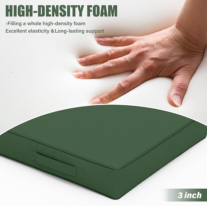 Patio Chair Cushions 17 X 16 X 3 Inch Waterproof Outdoor Seat Cushions for Patio Furniture, Outdoor Sofa Couch Pads with Ties & Handle, Set of 2, Green