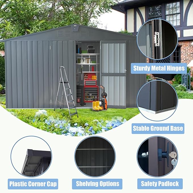 Domi Backyard Storage Shed 11’ x 12.5’ with Galvanized Steel Frame & Windows, Outdoor Garden Shed Metal Utility Tool Storage Room with Lockable Door for Patio(Dark Gray)