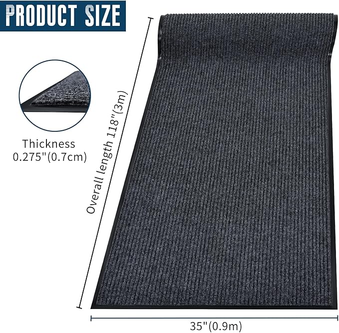Rubber Door Mat About W3' ×L10' Heavy Duty Large Outdoor Indoor Mat Durable Entrance Doormat Waterproof Rubber Back Rugs for Home Entryway Patio Porch Office Business Areas (Grey)