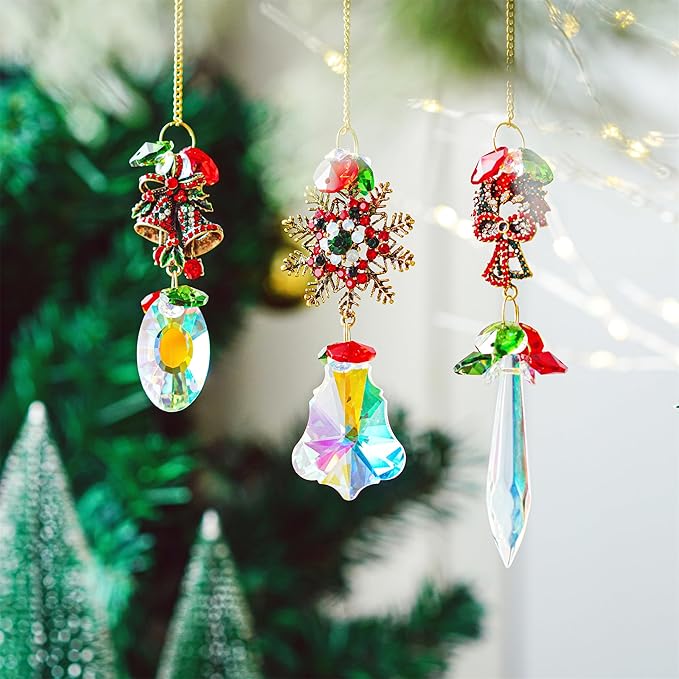 3 Pack Crystal Christmas Ornaments, Glass Rainbow Rhinestones Sun Catcher Prisms with Christmas Wreath Snowflake Bells,Suncatcher Hanging Crystal Pendants for Window Christmas Home Decor