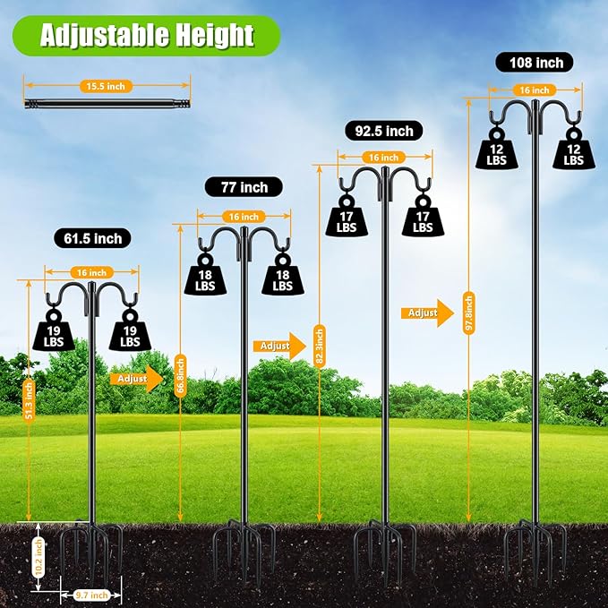 Gtongoko Double Shepherds Hook for Outdoor, 108 Inch Heavy Duty Bird Feeder Pole 3/4 Inch Thick Garden Hooks for Hanging Hummingbird Feeder, Plant Baskets, Solar Light Lanterns, 1 Pack