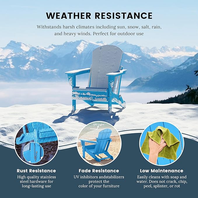 Westin Outdoors Laguna WO Outdoor Adirondack Folding Patio Chairs 8 PCS Set Retro Beach Aesthetic for Backyard, Lawn, Patio, Deck, Garden, Weather Resistant Polyethylene Plastic Lounger (Pacific Blue)